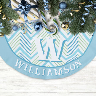 Falda Para El Árbol De Navidad De Lino Sintético Gran Chevron Big Zag en Verde + Aqua Personalizado
