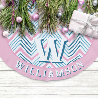 Falda Para El Árbol De Navidad De Lino Sintético Gran Chevron Zag en Rosa + Aqua Personalizado