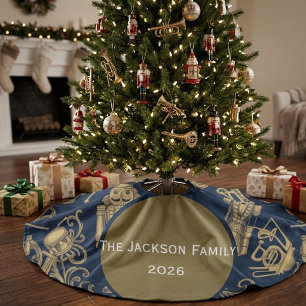 Falda Para El Árbol De Navidad De Lino Sintético Nuez personalizada azul marino nombre de la famili