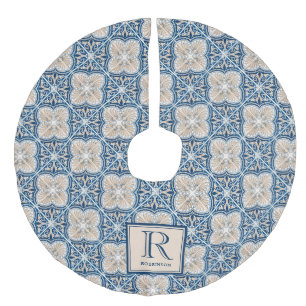 Falda Para El Árbol De Navidad De Lino Sintético Patrón de Baldosa Italiana Integrado con Monograma