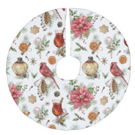 Falda Para El Árbol De Navidad De Lino Sintético Patrón de símbolos de Navidad Cardenal, Poinsettia