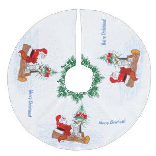 Falda Para El Árbol De Navidad De Lino Sintético Santa Claus con Fox de Conejo y Squirrel