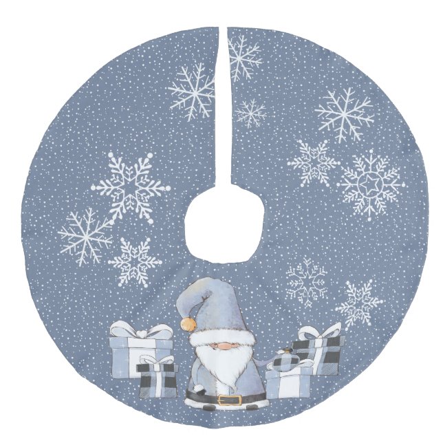 Falda Para El Árbol De Navidad De Lino Sintético Santa Gnome azul con regalos (Anverso)
