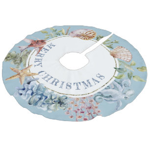 Falda Para El Árbol De Navidad De Lino Sintético Tema de Playa Tropical Costera Azul Feliz Navidad