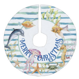 Falda Para El Árbol De Navidad De Lino Sintético Tema divertido de playa costera Feliz Navidad 