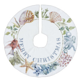 Falda Para El Árbol De Navidad De Lino Sintético Temática de playa tropical costera Feliz Navidad