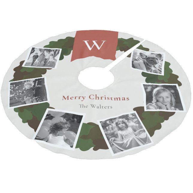 Falda Para El Árbol De Navidad De Poliéster 5 Collage de fotos Wreath Monograma Borgoña (Angular)