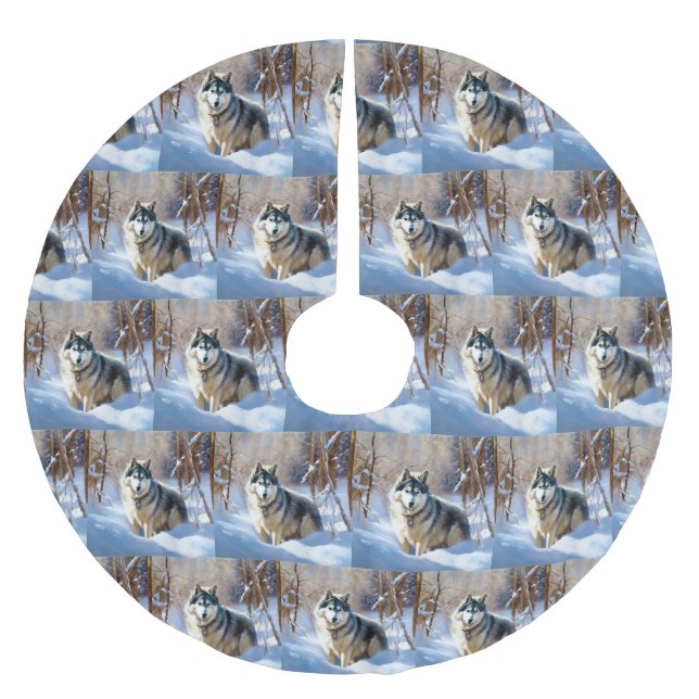 Falda Para El Árbol De Navidad De Poliéster Aaskan Malamute deja que nieve Navidades (Anverso)