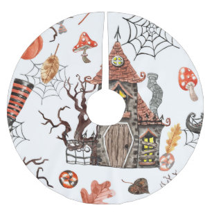Falda Para El Árbol De Navidad De Poliéster Acuarela de Halloween: Patrón de la casa embrujada
