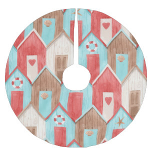 Falda Para El Árbol De Navidad De Poliéster acuarela de la casa de la playa: patrón retro.