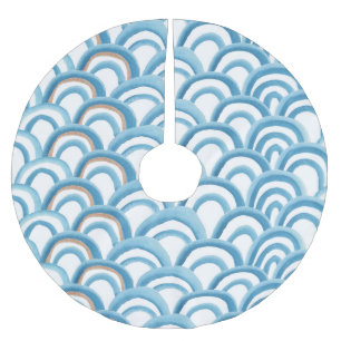 Falda Para El Árbol De Navidad De Poliéster Acuarela de olas azules, pintura sin costura.