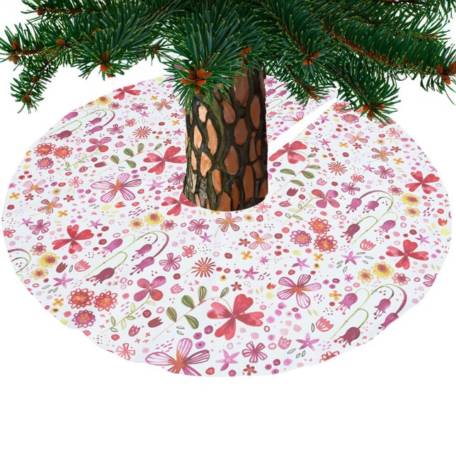 Falda Para El Árbol De Navidad De Poliéster Acuarela floral moderna (Modern watercolor floral red and white tree skirt)