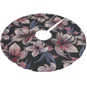 Falda Para El Árbol De Navidad De Poliéster Acuarelas Crimson Floral sobre negro