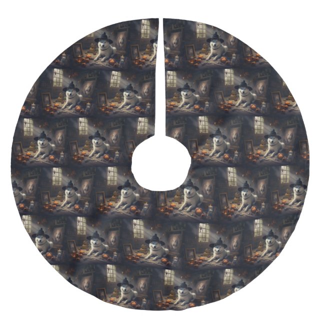 Falda Para El Árbol De Navidad De Poliéster Akita Calabazas de Halloween Da Miedo (Anverso)