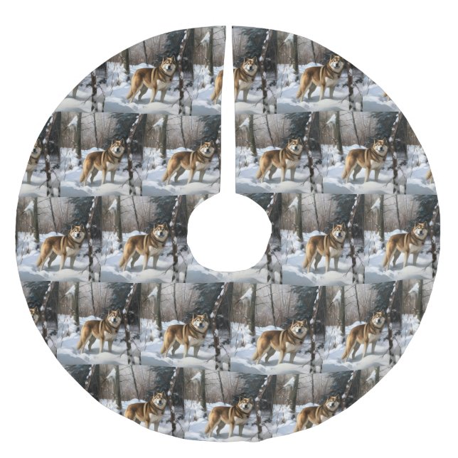 Falda Para El Árbol De Navidad De Poliéster Akita deja que nieve Navidades (Anverso)