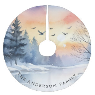 Falda Para El Árbol De Navidad De Poliéster Amanecer de Navidad Lago Acuarela Nieve Invernal