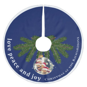 Falda Para El Árbol De Navidad De Poliéster Amor Paz Alegría Navidad Foto Familia Azul Marino