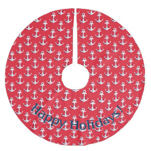 Falda Para El Árbol De Navidad De Poliéster Anchores blancos náuticos en mensaje de Personaliz