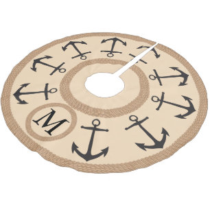 Falda Para El Árbol De Navidad De Poliéster Anclas náuticas negras y taupanas y cuerdas