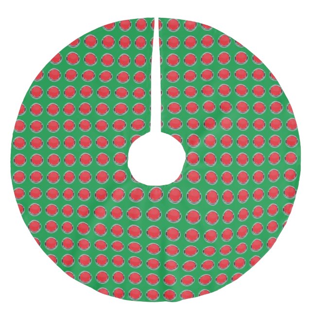 Falda Para El Árbol De Navidad De Poliéster Anillos rojos plateados con fondo verde (Anverso)