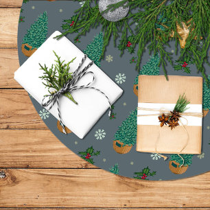 Falda Para El Árbol De Navidad De Poliéster Árbol de navidad con acebo y copos de nieve
