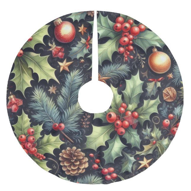 Falda Para El Árbol De Navidad De Poliéster Armada acuarela y motivos holly navideños (Anverso)