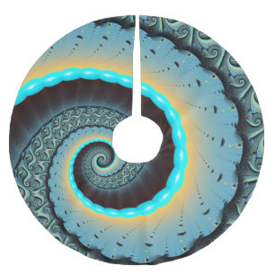 Falda Para El Árbol De Navidad De Poliéster Arte en espiral fractal abstracto azul turquesa na