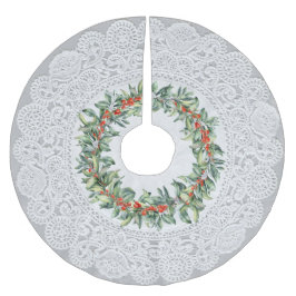 Falda Para El Árbol De Navidad De Poliéster Aspecto único de "encaje" con corona de bayas roja