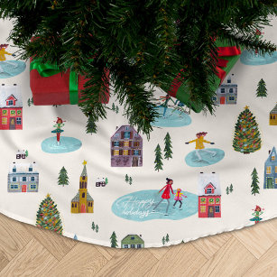 Falda Para El Árbol De Navidad De Poliéster Atractivo paisaje invernal de casas patinadoras