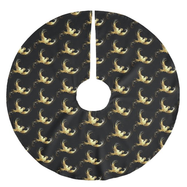 Falda Para El Árbol De Navidad De Poliéster Ave dorada sobre fondo negro (Anverso)