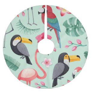 Falda Para El Árbol De Navidad De Poliéster Aves tropicales, flores, acuarela.