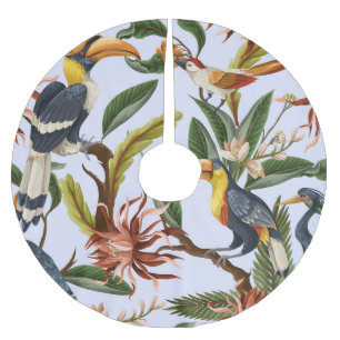 Falda Para El Árbol De Navidad De Poliéster Aves y Flores: Patrón Vintage tropical.