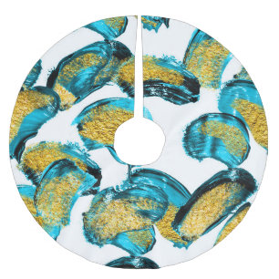 Falda Para El Árbol De Navidad De Poliéster azul acuático, turquesa, dorado.