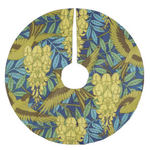 Falda Para El Árbol De Navidad De Poliéster Azul Marino Antiguo Pájaro y Patrón Floral Amarill