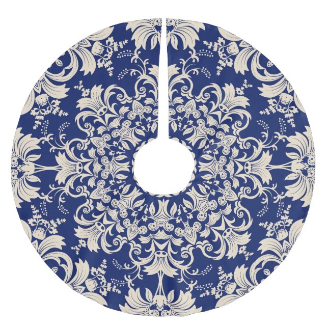 Falda Para El Árbol De Navidad De Poliéster Azul Vintage: Elegante patrón sin foco. (Anverso)