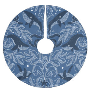 Falda Para El Árbol De Navidad De Poliéster Ballenas náuticas, patrón de textura damascal.