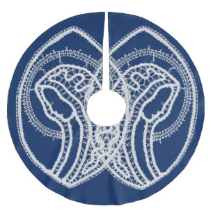 Falda Para El Árbol De Navidad De Poliéster Bendita Virgen María, encaje blanco, azul marino