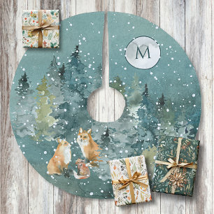 Falda Para El Árbol De Navidad De Poliéster Bosque Familiar de Zorros Luna Llena Nevada Monogr