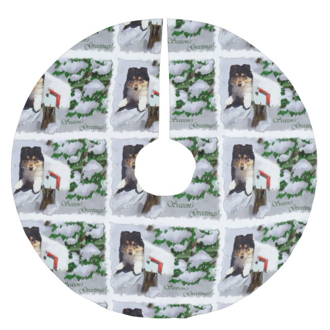 Falda Para El Árbol De Navidad De Poliéster Buzón de Navidades de Collie Puppy (Anverso)