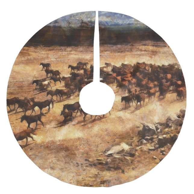 Falda Para El Árbol De Navidad De Poliéster Caballos Salvajes: Majestad Animal Artístico. (Anverso)