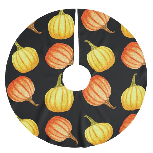 Falda Para El Árbol De Navidad De Poliéster Calabaza naranja: Patrón acuarela sin foco. (Anverso)