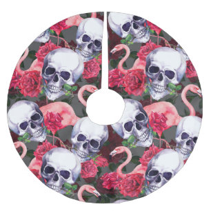 Falda Para El Árbol De Navidad De Poliéster Calavera floral, flamingo sin costuras.