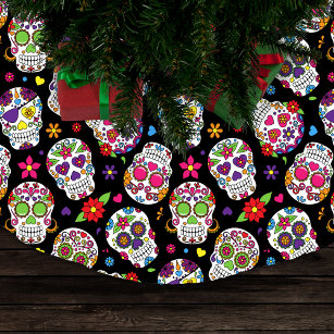 Falda Para El Árbol De Navidad De Poliéster Calaveras azucareras coloridas estampadas