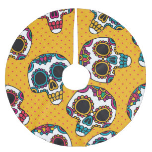 Falda Para El Árbol De Navidad De Poliéster Calaveras: estilo latinoamericano vintage.