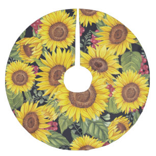 Falda Para El Árbol De Navidad De Poliéster Campo de girasoles: fondo negro de acuarela