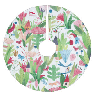 Falda Para El Árbol De Navidad De Poliéster Campos Florales: Patrón de casas acuarelas