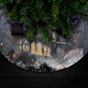 Falda Para El Árbol De Navidad De Poliéster Casa embrujada Árbol y murciélagos de luna llena