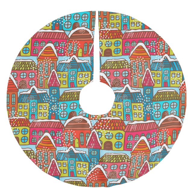 Falda Para El Árbol De Navidad De Poliéster Casas de invierno bonitas (Anverso)