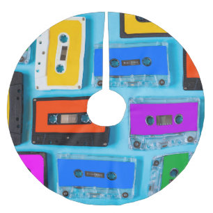 Falda Para El Árbol De Navidad De Poliéster Cassette retro: Colección de fondo azul