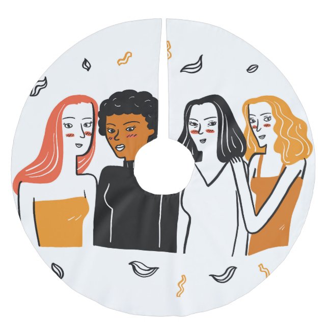 Falda Para El Árbol De Navidad De Poliéster Chicas diversas, varias nacionalidades juntas. (Anverso)